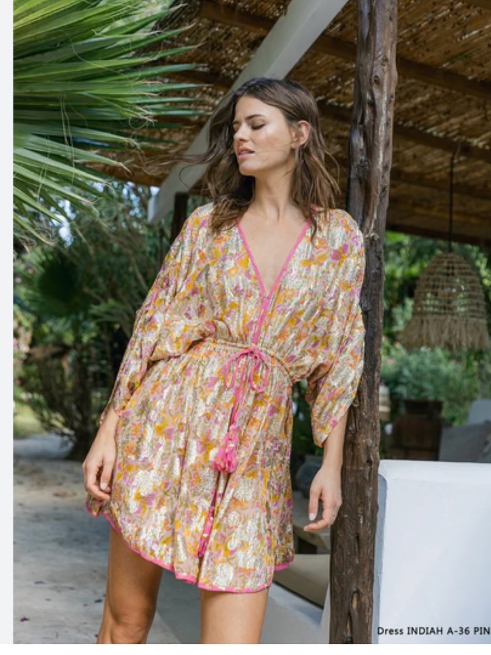 Miss June Paris gold shimer dress Pink Trim Floral Beach Cover-Up Dress